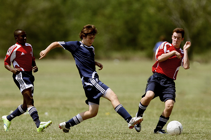 view of soccer players mid scrimmage